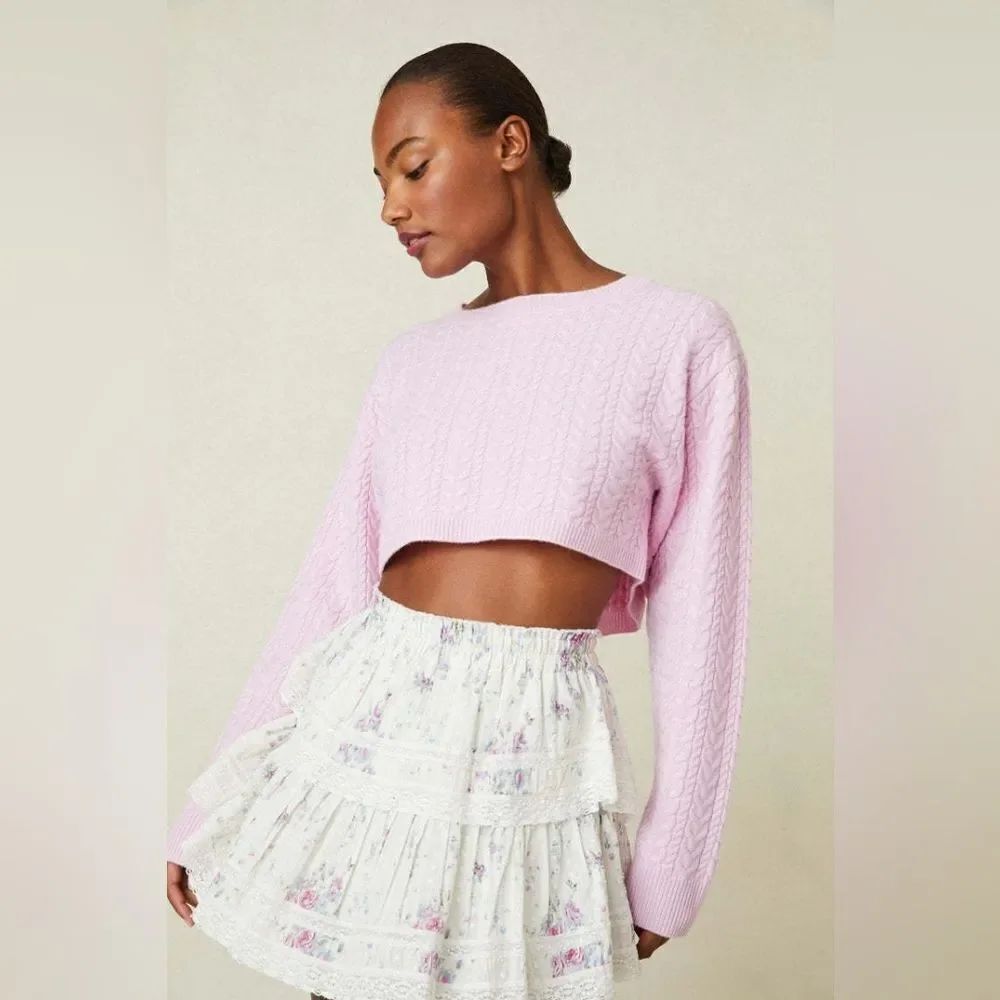 LoveShackFancy Calloway Crop Sweater in Pale Rose - Size XS